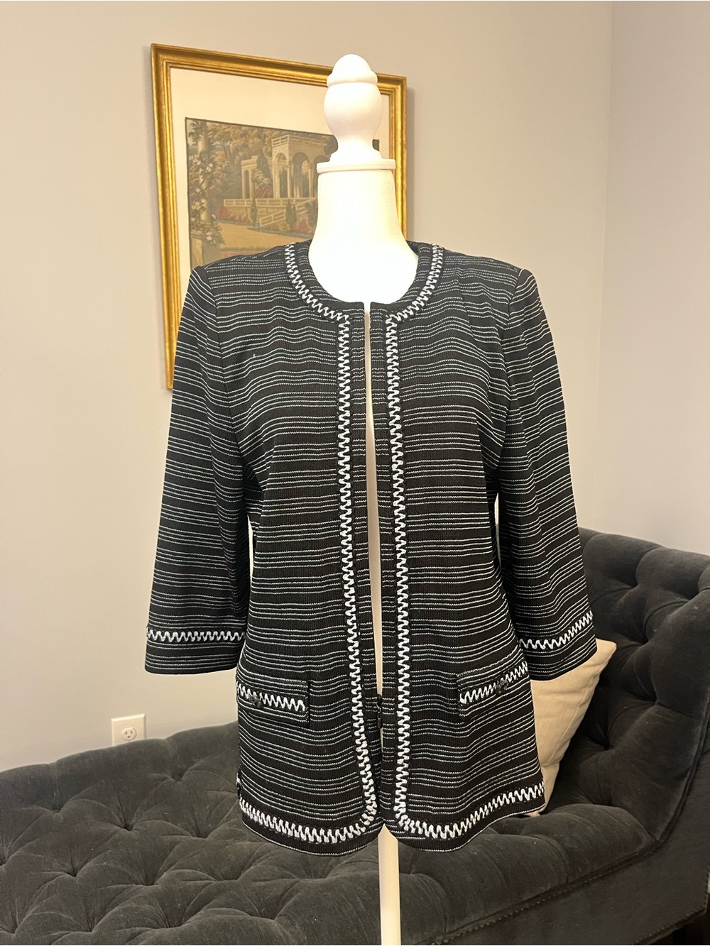 St. John Black and Light Blue Striped Knit Jacket